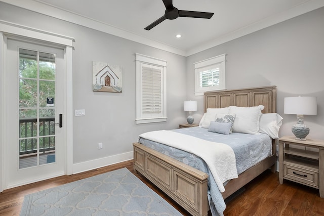 bedroom featuring access to exterior, dark hardwood / wood-style floors, ceiling fan, and ornamental molding