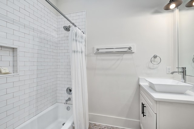 bathroom with vanity and shower / bathtub combination with curtain