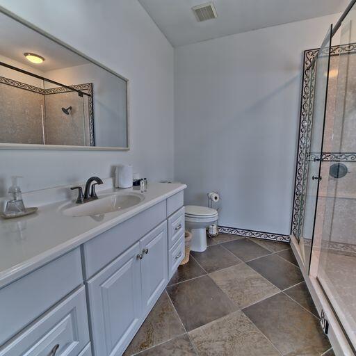 bathroom with vanity, toilet, and a shower with shower door