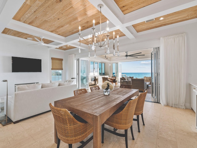 dining space with beamed ceiling, a water view, coffered ceiling, and ceiling fan with notable chandelier