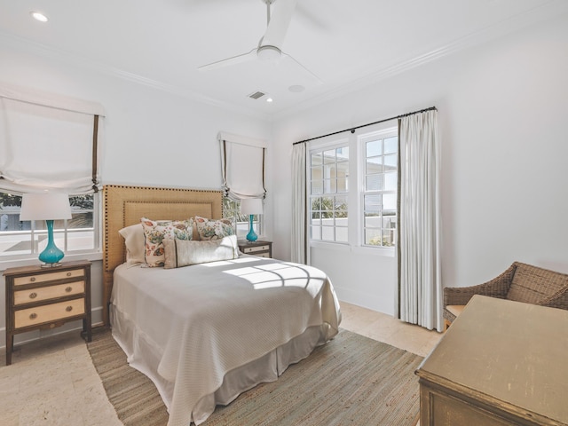 bedroom with crown molding and ceiling fan