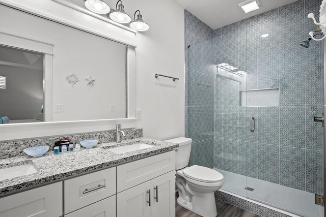 bathroom featuring wood-type flooring, toilet, a shower with door, and vanity