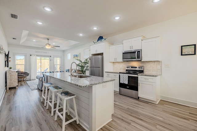 kitchen featuring white cabinetry, an island with sink, stainless steel appliances, a tray ceiling, and sink