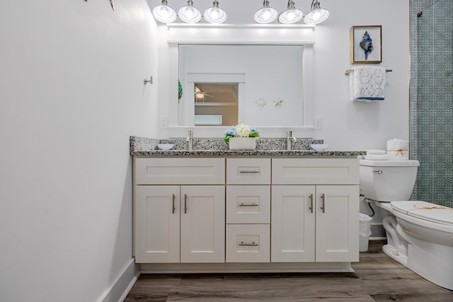 bathroom with toilet, vanity, wood-type flooring, and an enclosed shower