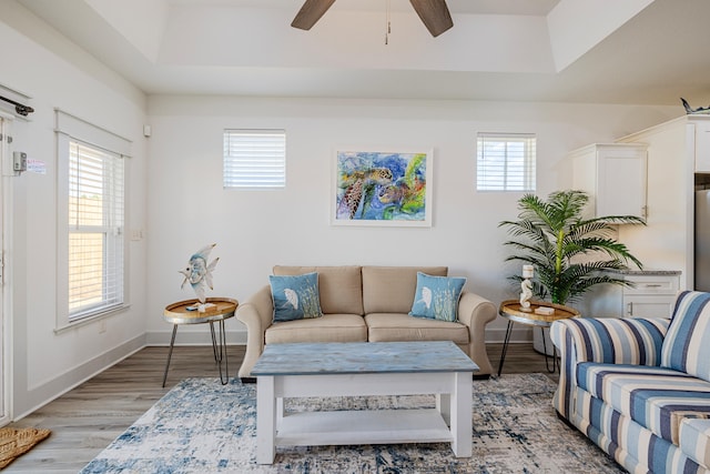 living room featuring ceiling fan, a wealth of natural light, and a raised ceiling