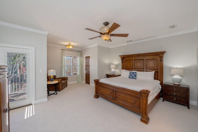 carpeted bedroom with multiple windows, access to outside, ceiling fan, and ornamental molding