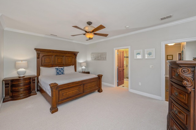 carpeted bedroom with ceiling fan, ornamental molding, and connected bathroom