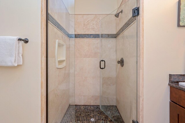 bathroom featuring vanity and a shower with shower door