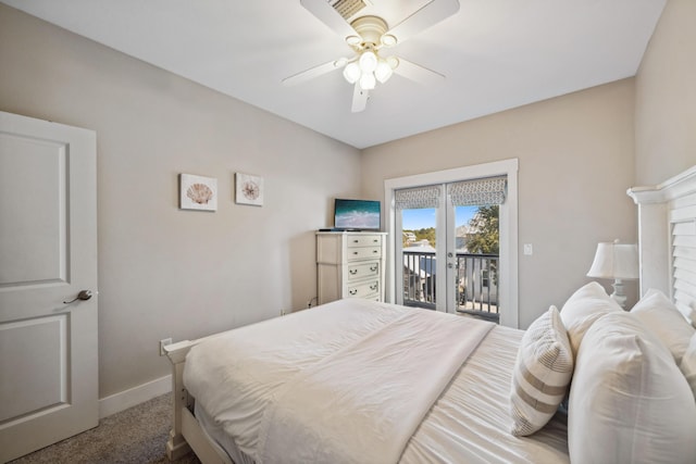 carpeted bedroom with ceiling fan, french doors, and access to outside