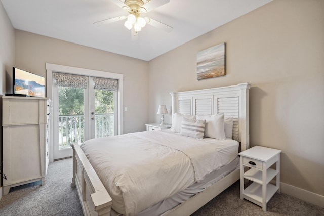 carpeted bedroom with ceiling fan and access to exterior