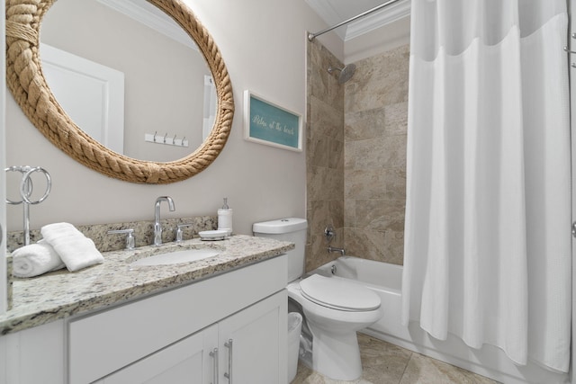 full bathroom with vanity, crown molding, tile patterned flooring, toilet, and shower / bathtub combination with curtain