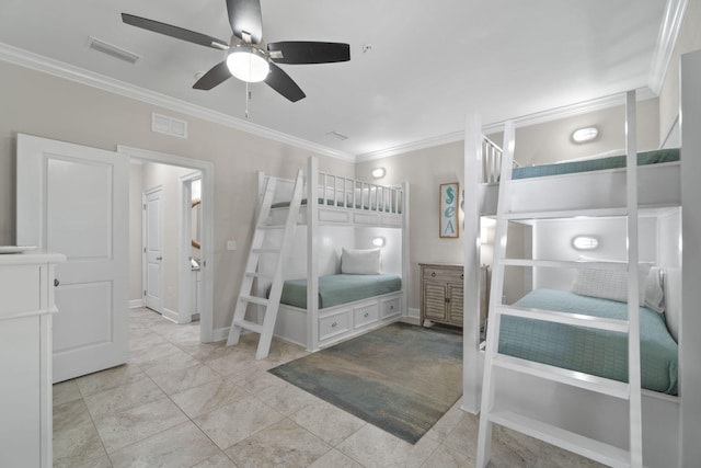 bedroom featuring ceiling fan and ornamental molding