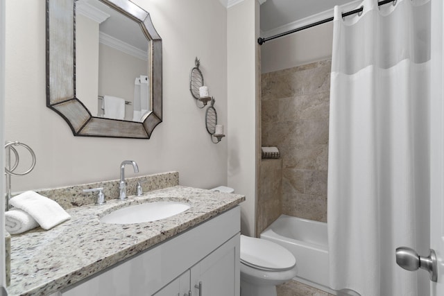 full bathroom featuring toilet, vanity, shower / tub combo with curtain, and crown molding