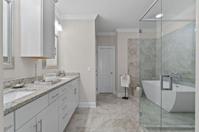 bathroom with vanity, shower with separate bathtub, and crown molding