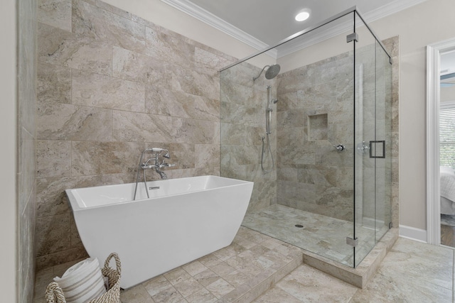 bathroom featuring crown molding and independent shower and bath