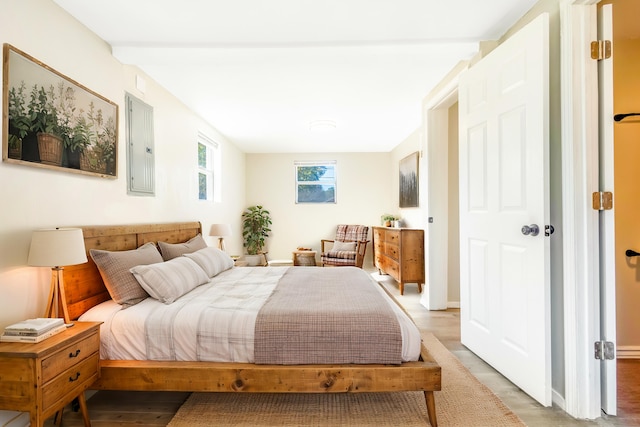 bedroom with light wood-type flooring and electric panel