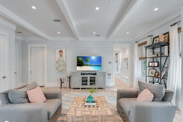 41 Tresca Lake Ct, Santa Rosa Beach, FL 32459 - living area with beamed ceiling, recessed lighting, wooden walls, and parquet flooring