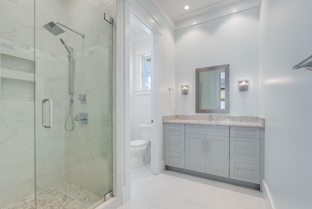 41 Tresca Lake Ct, Santa Rosa Beach, FL 32459 - bathroom featuring a stall shower, marble look tiles, and vanity
