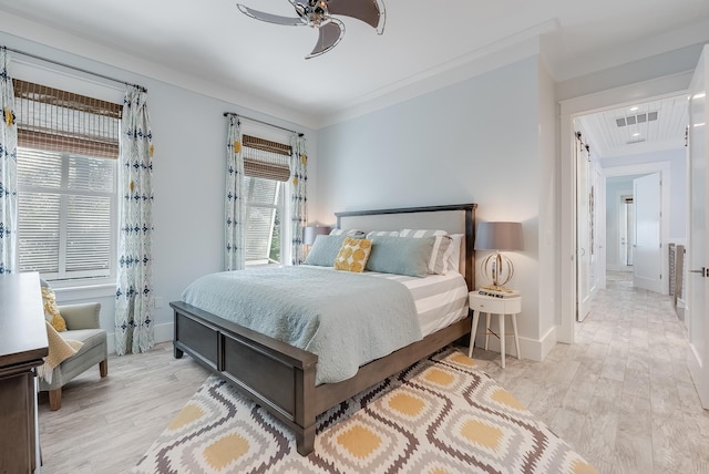 41 Tresca Lake Ct, Santa Rosa Beach, FL 32459 - bedroom with recessed lighting, light wood-style floors, crown molding, and ceiling fan