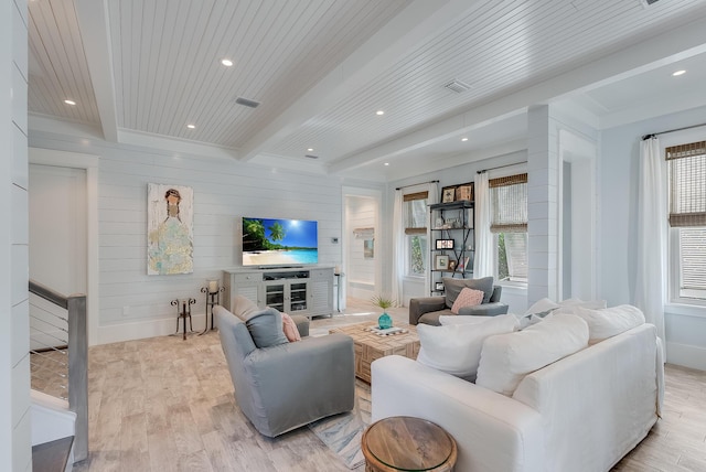 living room featuring wood walls, beam ceiling, light wood-type flooring, and wood ceiling