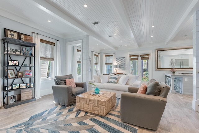 41 Tresca Lake Ct, Santa Rosa Beach, FL 32459 - living room featuring recessed lighting, light wood-style flooring, and beam ceiling