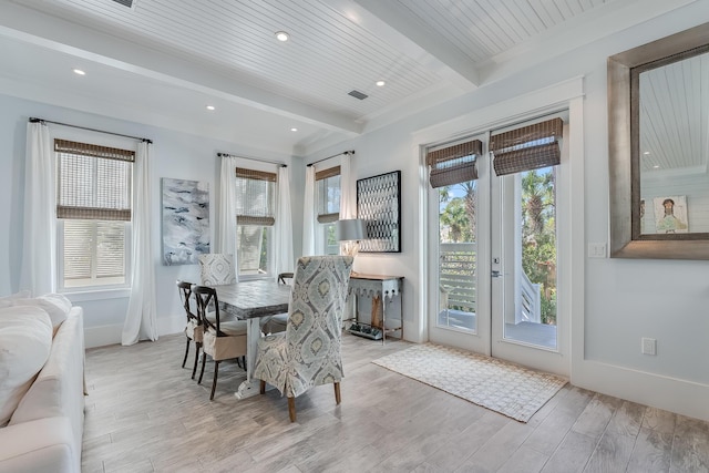 dining space featuring beamed ceiling, french doors, and wood ceiling