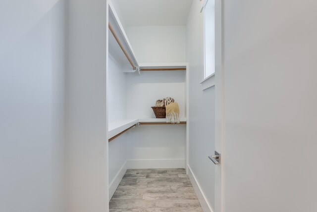 walk in closet with light hardwood / wood-style flooring