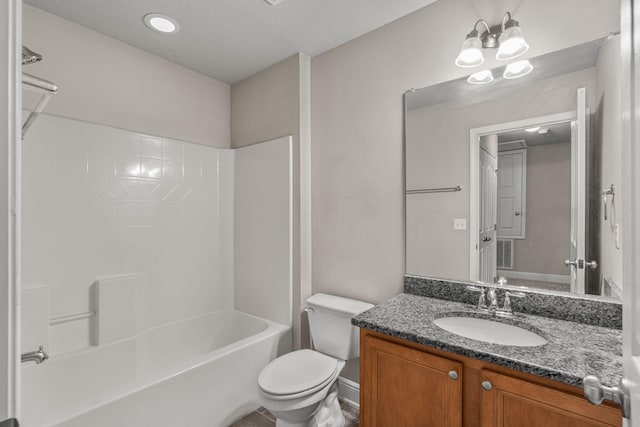 full bathroom with shower / bathtub combination, toilet, and vanity