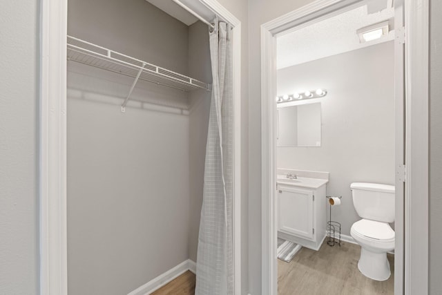 bathroom with hardwood / wood-style floors, vanity, and toilet