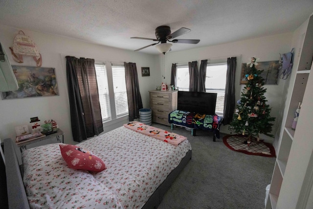 carpeted bedroom with ceiling fan, a textured ceiling, and multiple windows