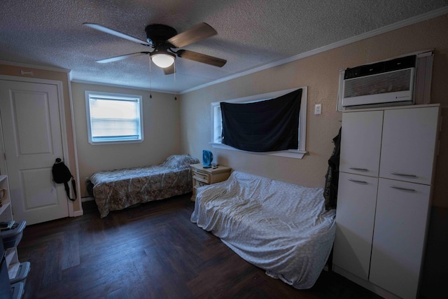 bedroom with ceiling fan, ornamental molding, and a wall mounted AC