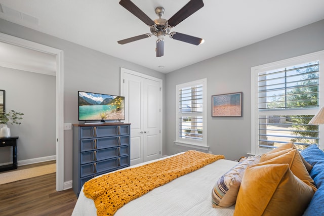 bedroom with ceiling fan, multiple windows, a closet, and dark hardwood / wood-style flooring