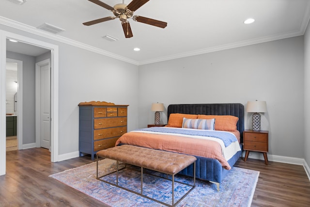 bedroom featuring ceiling fan, ornamental molding, and dark hardwood / wood-style floors