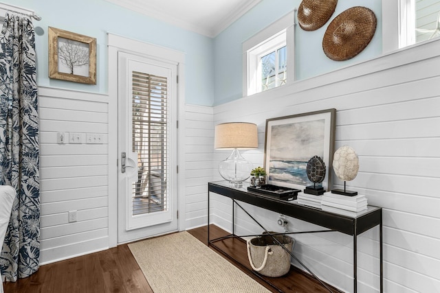 office featuring ornamental molding and hardwood / wood-style flooring