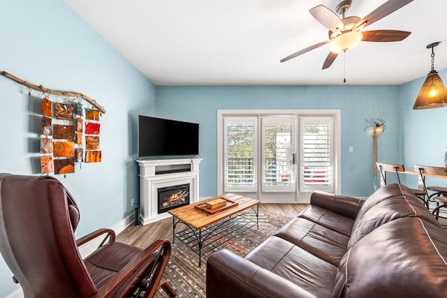 living room with ceiling fan and light wood-type flooring