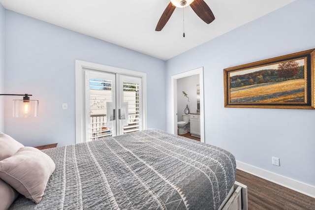 bedroom featuring french doors, ensuite bath, access to outside, dark hardwood / wood-style flooring, and ceiling fan