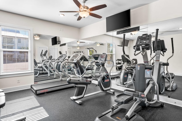 exercise room featuring ceiling fan