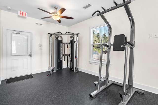 workout area with ceiling fan