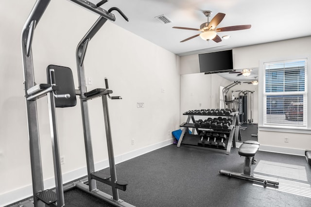 exercise room with ceiling fan