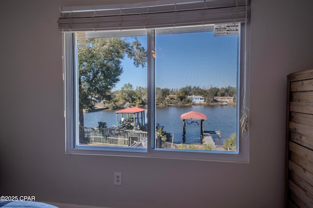 interior details featuring a water view