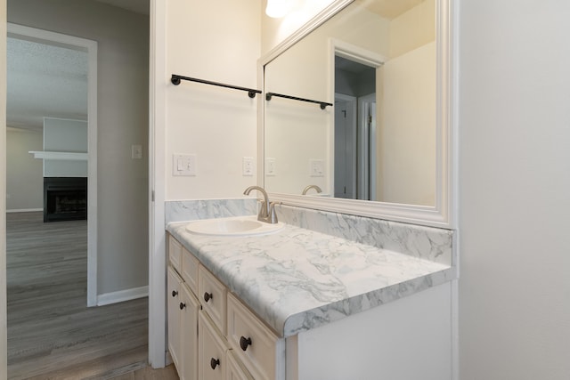 bathroom with hardwood / wood-style flooring and vanity