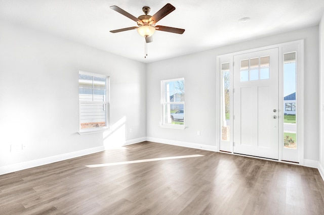 foyer entrance featuring a wealth of natural light, ceiling fan, and hardwood / wood-style flooring