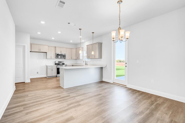 kitchen with pendant lighting, sink, light hardwood / wood-style flooring, kitchen peninsula, and stainless steel appliances