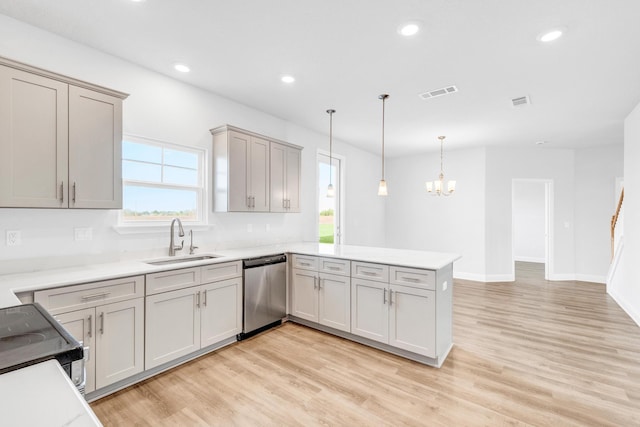 kitchen with kitchen peninsula, stainless steel dishwasher, electric stove, sink, and decorative light fixtures