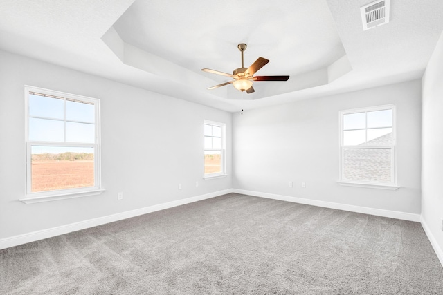 spare room featuring a raised ceiling, ceiling fan, and carpet floors