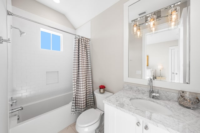 full bathroom with vanity, lofted ceiling, tile patterned flooring, toilet, and shower / bath combo with shower curtain