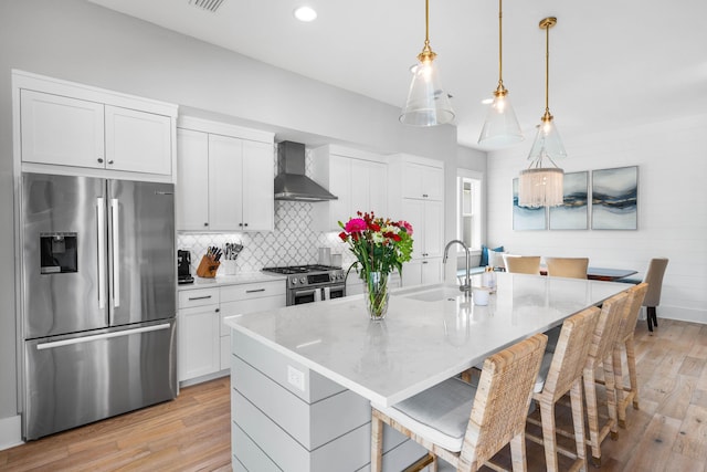 kitchen with hanging light fixtures, wall chimney range hood, a center island with sink, white cabinets, and appliances with stainless steel finishes