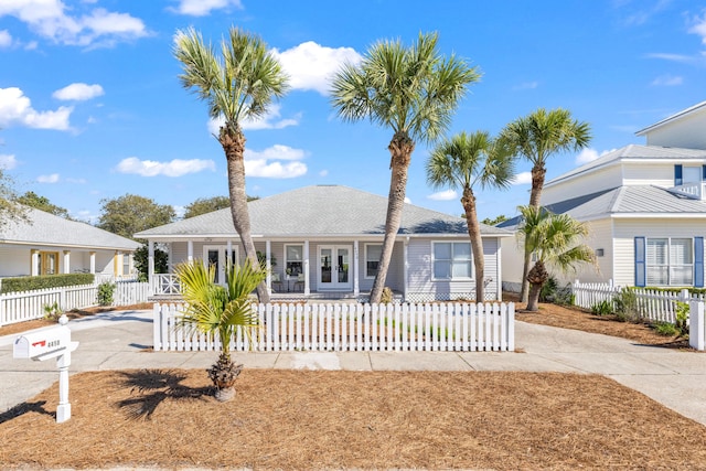 view of front of property with driveway, a fenced front yard, and a porch