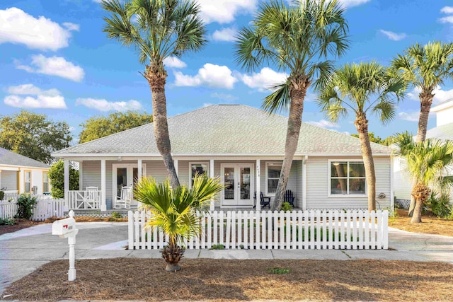 view of front of property with a fenced front yard, a porch, a shingled roof, and french doors