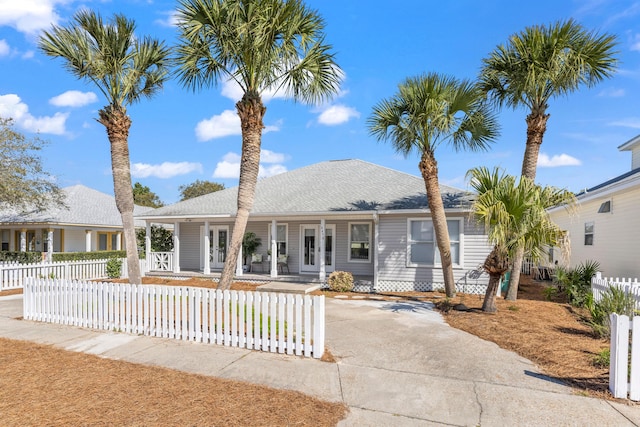 ranch-style house featuring a porch, a fenced front yard, and a shingled roof